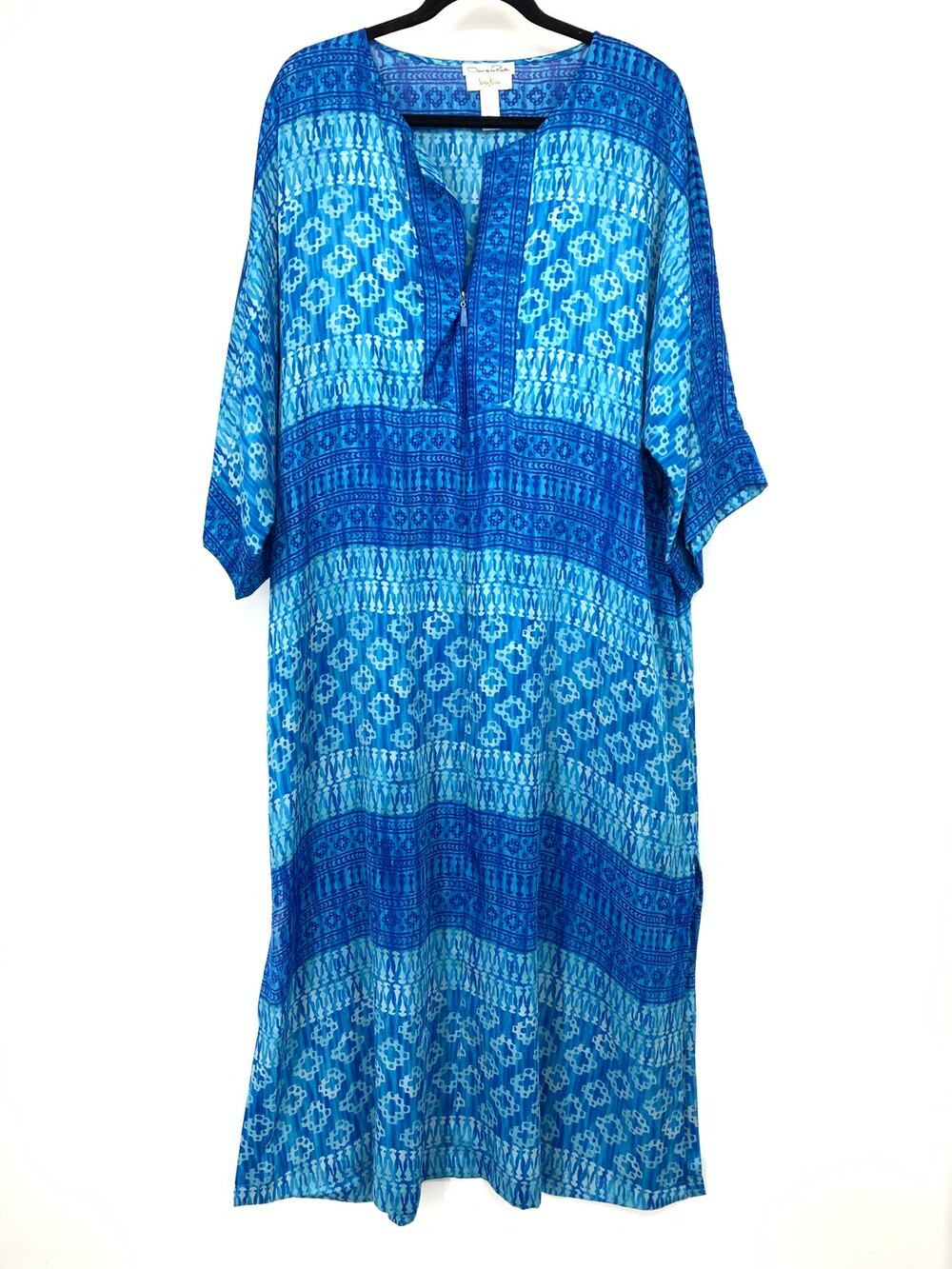 Oscar de la Renta Neiman Marcus Caftan Womens L Blue Geometric Print Maxi